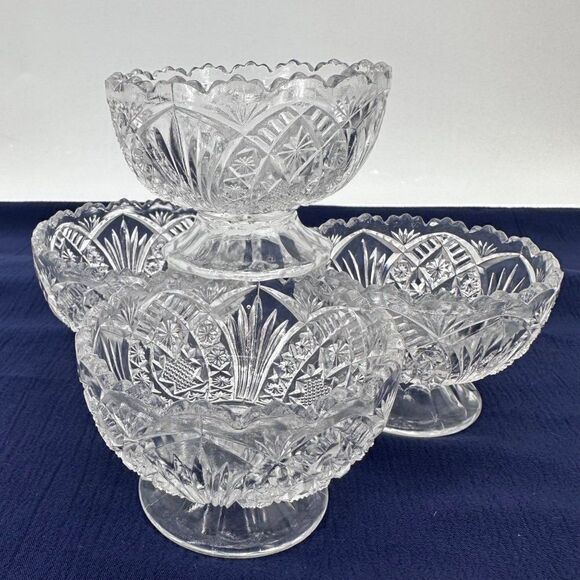 Vintage Clear Cut Glass EAPG Sherbert Dessert Berry Bowls (4) Arrowhead Sawtooth - Picture 3 of 11